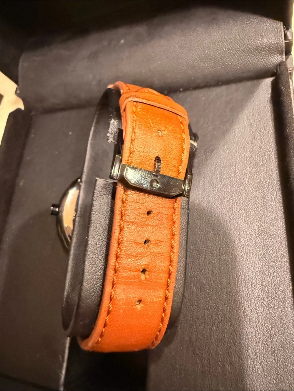 Movado Black Dial Watch with Tan Leather Strap